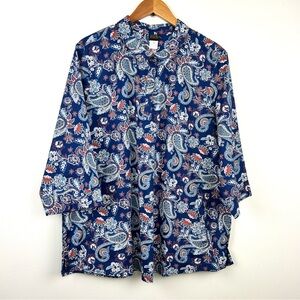 NWOT Salón Studio paisley print quarter Button shirt size XX 3/4 sleeve blue